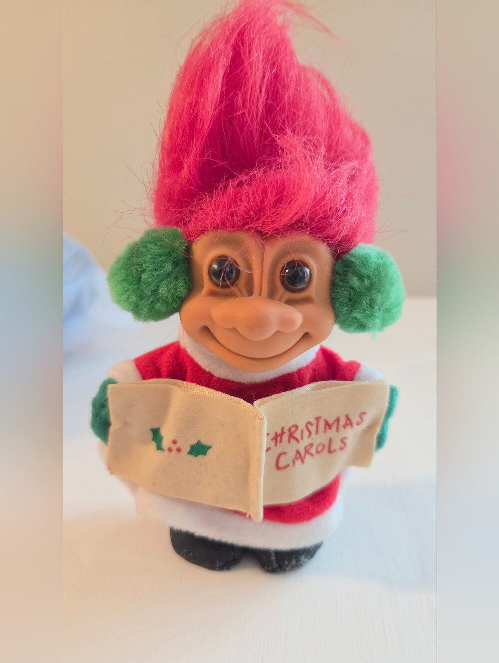 Vintage Russ Troll Christmas Caroler with Green Earmuffs and Red Outfit